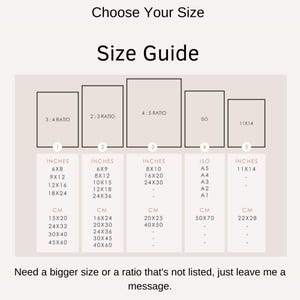 May include: A size guide chart with the text "Choose Your Size" and "Size Guide". The chart lists sizes in inches and centimeters for various ratios, including 3:4, 2:3, 4:5, ISO, and 11x14. The chart also includes the text "Need a bigger size or a ratio that's not listed, just leave me a message."