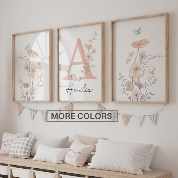 Custom Wildflowers Prints| Floral nursery Wall Art, Boho, Baby girl Nursery Wall Art| Watercolor flowers| Personalised name sign Initial