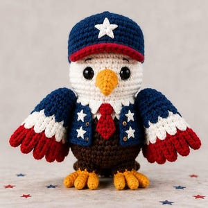 May include: A crocheted eagle doll in patriotic colours. The doll wears a blue cap with a white star, a blue jacket with white stars, and a red tie. The wings are blue, white, and red. The eagle has a white head, a yellow beak, and yellow feet.