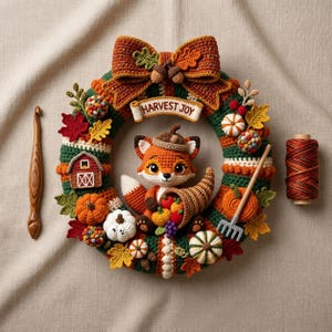 Puede incluir: Una corona de ganchillo hecha a mano con un tema de cosecha de otoño. La corona presenta un zorro, calabazas y una cornucopia. El texto "HARVEST JOY" se muestra. También se ven un ganchillo y una bobina de hilo.