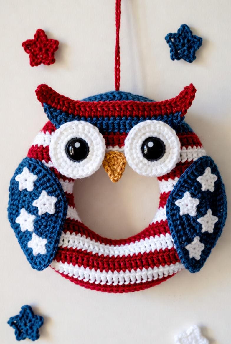 Patriotic Crochet Owl Wreath Pattern PDF, American Flag Owl Door Hanger, 4th of July Crochet Decor, Red White Blue...