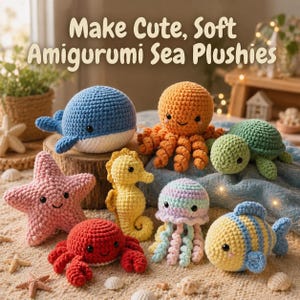 Può includere: Una collezione di peluche marini amigurumi fatti a mano, tra cui una balena blu, un polpo arancione, una tartaruga verde, una stella marina rosa, un cavalluccio marino giallo, un granchio rosso e una medusa e un pesce a strisce. Il testo "Make Cute, Soft Amigurumi Sea Plushies" è in alto.
