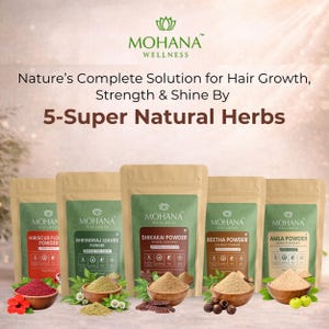 Puede incluir: Imagen que muestra cinco bolsas de polvos herbales Mohana Wellness, incluyendo Hibiscus, Bhringraj Leaves, Shikakai, Reetha y Amla. Cada bolsa se muestra con su hierba respectiva en un cuenco de madera, con el texto "Nature's Complete Solution for Hair Growth, Strength & Shine By 5-Super Natural Herbs."