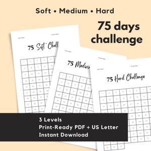 Könnte beinhalten: Drei weiße Papierbögen mit einem 75-Tage-Challenge-Tracker in den Stufen Soft, Medium und Hard. Jeder Bogen enthält ein Raster mit den Zahlen 1 bis 75 sowie Felder für Start- und Enddatum. Der Text umfasst 3 Levels, Print-Ready PDF + US Letter.