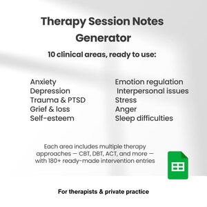 Może przedstawiać: Cyfrowy dokument zatytułowany Therapy Session Notes Generator wymieniający 10 obszar&oacute;w klinicznych, w tym lęk, depresję, traumę, PTSD, żałobę, stratę, samoocenę, regulację emocji, problemy interpersonalne, stres, gniew i sen.