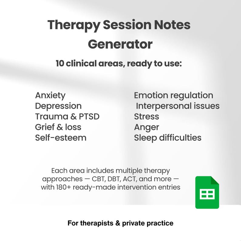 Może przedstawiać: Cyfrowy dokument zatytułowany Therapy Session Notes Generator wymieniający 10 obszar&oacute;w klinicznych, w tym lęk, depresję, traumę, PTSD, żałobę, stratę, samoocenę, regulację emocji, problemy interpersonalne, stres, gniew i sen.