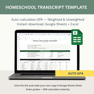 Può includere: Lo schermo di un portatile mostra un modello digitale di pagella per l'istruzione domiciliare in formato foglio di calcolo. Il documento include sezioni per le informazioni dello studente e i voti, con un'icona Excel e un'etichetta Auto GPA.