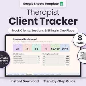 Therapist Client Tracker, Therapist Spreadsheet, Private Practice Caseload Manager, Session Log & Billing | Google Sheets Planner