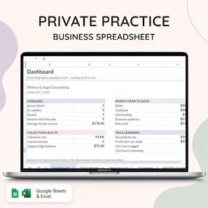 May include: A laptop screen displaying a Private Practice Business Spreadsheet dashboard for Willow & Sage Counseling. The interface includes sections for Caseload, Money, Collection Health, and Tax & Learning, with Google Sheets and Excel icons visible.
