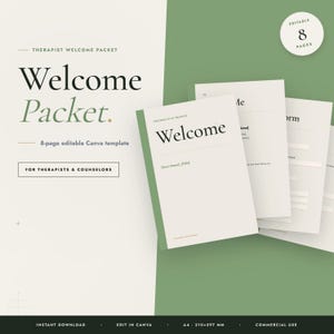 May include: A welcome packet template for therapists, featuring the word "Welcome" in a bold font. The 8-page template is editable in Canva. The design uses a minimalist style with a green and white colour scheme. The A4 size is 210x297 mm.