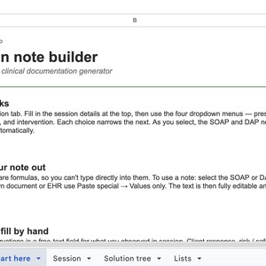 Może przedstawiać: Cyfrowy arkusz kalkulacyjny zatytułowany Session note builder od PaperMondayCo. Tekst zawiera instrukcje dotyczące generatora dokumentacji klinicznej SOAP i DAP, w tym sekcje dotyczące sposobu działania oraz sposobu kopiowania gotowych notatek.