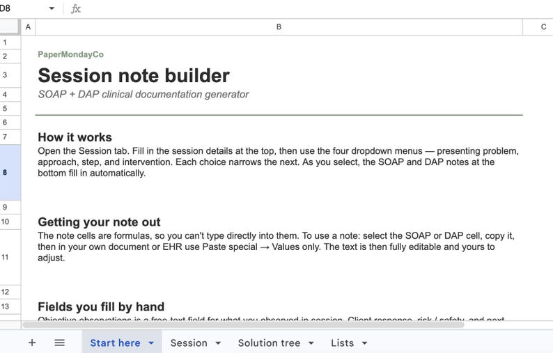 Może przedstawiać: Cyfrowy arkusz kalkulacyjny zatytułowany Session note builder od PaperMondayCo. Tekst zawiera instrukcje dotyczące generatora dokumentacji klinicznej SOAP i DAP, w tym sekcje dotyczące sposobu działania oraz sposobu kopiowania gotowych notatek.