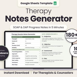 Puede incluir: Una plantilla de Google Sheets para un generador de notas de terapia en la pantalla de una computadora portátil. La interfaz incluye un generador de notas de sesión con menús desplegables para documentación clínica, notas de progreso SOAP y DAP, más de 180 intervenciones y 10 áreas clínicas para terapeutas.