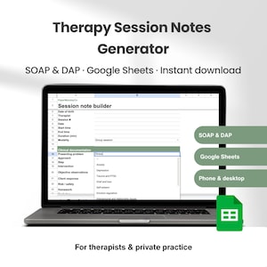 Therapy Session Notes Generator Spreadsheet SOAP DAP Progress Note Clinical Documentation Template Counselor Therapist Private Practice