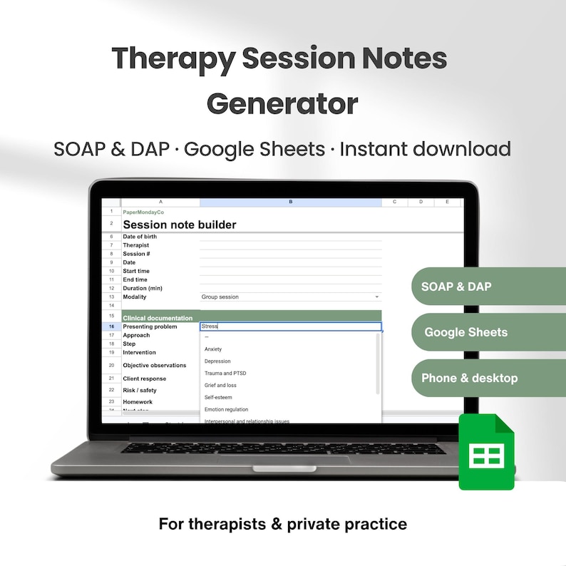 Generator notatek z sesji terapeutycznych Arkusz kalkulacyjny SOAP DAP Szablon notatki postępu Dokumentacja kliniczna Doradca Terapeuta Prywatna praktyka zdjęcie 1