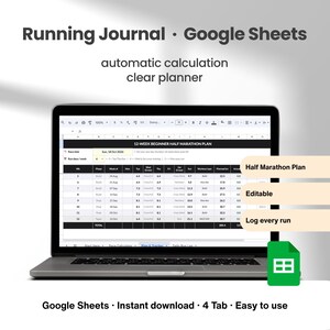 May include: A laptop screen displaying a Running Journal Google Sheets template with a 12-week beginner half marathon plan. The interface includes columns for weeks, phases, dates, and distances. Text includes Running Journal, Google Sheets, Half Marathon Plan, Editable, and Log every run.