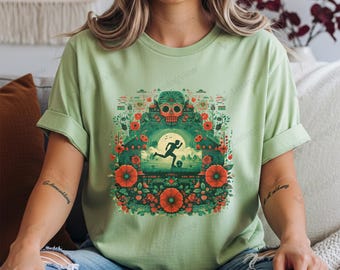 Camiseta con estampado de calavera floral, camiseta de fútbol del Mundial, diseño de amapolas / celebración del fútbol mexicano