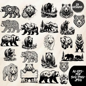 May include: A collection of 23 black and white bear illustrations featuring various artistic styles including floral patterns, mountain landscapes, and celtic knots. The image includes text that reads 23 DESIGNS and AI-EPS-PDF SVG-PNG JPEG.