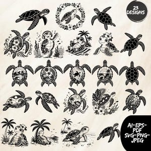 May include: A collection of 23 black and white digital illustrations featuring sea turtles in various poses, including swimming, wearing headphones, relaxing on a beach, and surrounded by tropical flowers, palm trees, and ocean waves.
