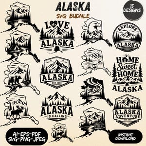 May include: A digital collection of 15 black and white graphic designs featuring the state of Alaska, mountains, forests, wildlife, and text such as ALASKA, LOVE, HOME SWEET HOME, and ALASKA IS CALLING. The file formats include AI, EPS, PDF, SVG, PNG, and JPEG.