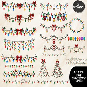 May include: A collection of 21 digital illustrations featuring Christmas light strings, garlands, and wreaths in various colors. Includes festive bows, ornaments, and the text Merry Christmas and love. File formats listed as AI, EPS, PDF, SVG, PNG, and JPEG.