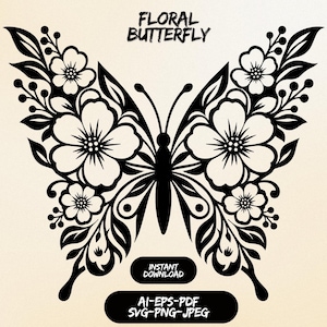 Può includere: Un'illustrazione grafica nera di una farfalla con ali floreali che mostrano fiori, foglie e bacche. Il testo recita FLORAL BUTTERFLY, INSTANT DOWNLOAD e AI-EPS-PDF SVG-PNG-JPEG. Il design è presentato su uno sfondo color crema chiaro.