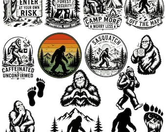 Puede incluir: Una colección de ilustraciones gráficas en blanco y negro que muestran a Bigfoot en varios entornos al aire libre. Los diseños incluyen textos como ENTER AT YOUR OWN RISK, FOREST SECURITY, CAMP MORE WORRY LESS, OFF THE MAP, CAFFEINATED & UNCONFIRMED y SASQUATCH.