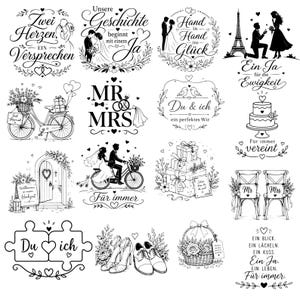May include: A collection of black and white wedding-themed illustrations featuring couples, bicycles, cakes, gifts, chairs, and floral motifs. The designs include German text phrases such as Zwei Herzen, Ein Versprechen, Unsere Geschichte, Hand in Hand, and Für immer.