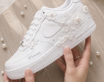 Personalized Bridal Sneakers, Custom Lace Wedding Shoes, Pearl Coquette Bride Footwear with Wedding Date
