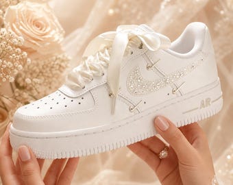Bridal Sneakers with Rhinestone Detail, Ivory Ribbon Laces, Personalized Bride Gift