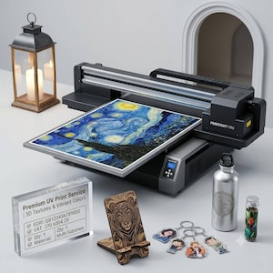 May include: A black flatbed UV printer labeled PRINTCRAFT PRO with a Starry Night print on the bed. Includes a clear acrylic sign with text, a wooden tiger-engraved phone stand, a silver metal water bottle, and four small character keychains.
