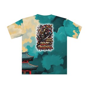 May include: A short-sleeved t-shirt with a vibrant graphic design. The design features a samurai warrior with a helmet, a sword, and the text "2GOT ORIGINAL" in a graffiti style. The background has a Japanese temple and a cloudy sky.