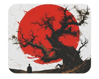 Red Rising Sun Tree silhouette mouse pad | Japanese-inspired art