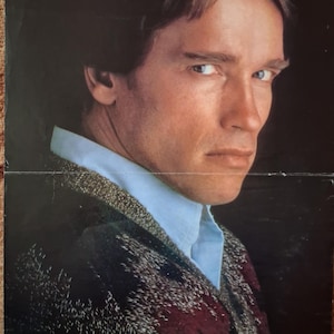 May include: A vintage poster featuring Arnold Schwarzenegger. The image shows a close-up of the actor's face, with text that reads "Arnold Schwarzenegger" in red. The Star logo is in the upper left corner.