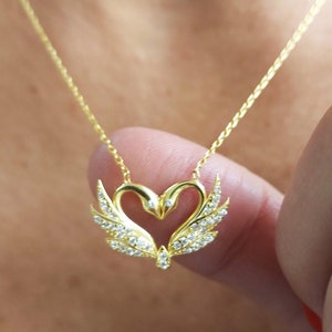 Sterlingzilveren zwaanketting, gouden kleur zwaan hart hanger ketting met witte zirkoonstenen, kerstcadeau voor moeder, geliefde, beste vriend