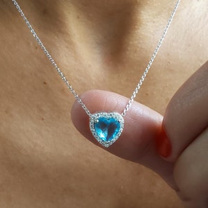 Sterling Silver Blue Crystal Heart Necklace,Sapphire Color Heart Pendant with White Zircon Stones,Blue Heart Necklace, Valentines Gift
