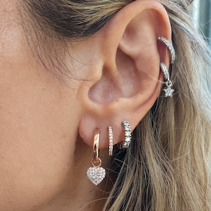 Heart Charm Hoop Earrings, Dainty Chic Heart Charm Dangle Earrings, Sparkling Wedding or Engagement Jewelry, Christmas Gift