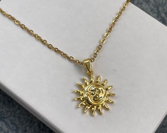 Celestial Sun and Moon Necklace, Stainless Steel Gold Chain, Sunburst Charm, Dainty Solar Pendant, Astrology Gift, Boho Jewelry