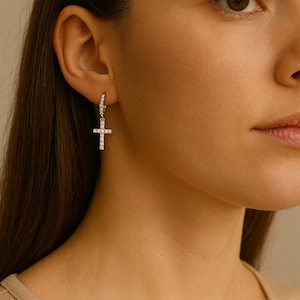 Gold Cross Hoops, Dangle Cross Earrings, Minimalist Earrings, Cross Hoop Earrings, Religious Jewelry, Gift For Her, Classic Cross Hoop