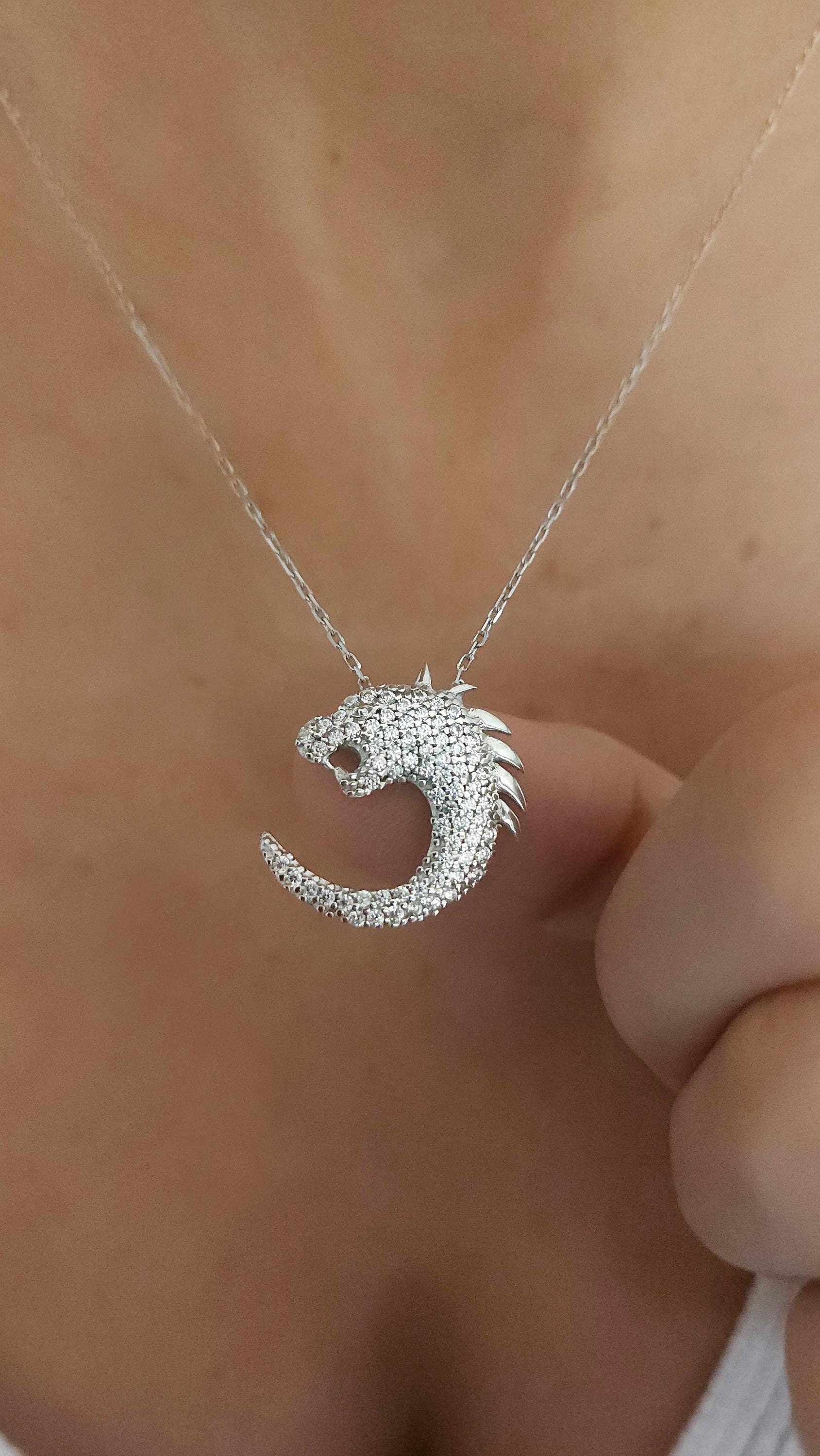 Sterling Silver Dragon Pendant Necklace, Statement Dragon Jewelry, Mystical Zircon Necklace, Unique Gift for Her, Bold Jewelry for Lover