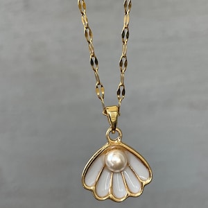 Pearl Shell Necklace: Gold Enamel Pendant, Ocean Jewelry