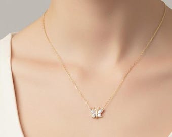 Gold Butterfly Necklace and Earrings Set: Sterling Silver Zircon Jewelry