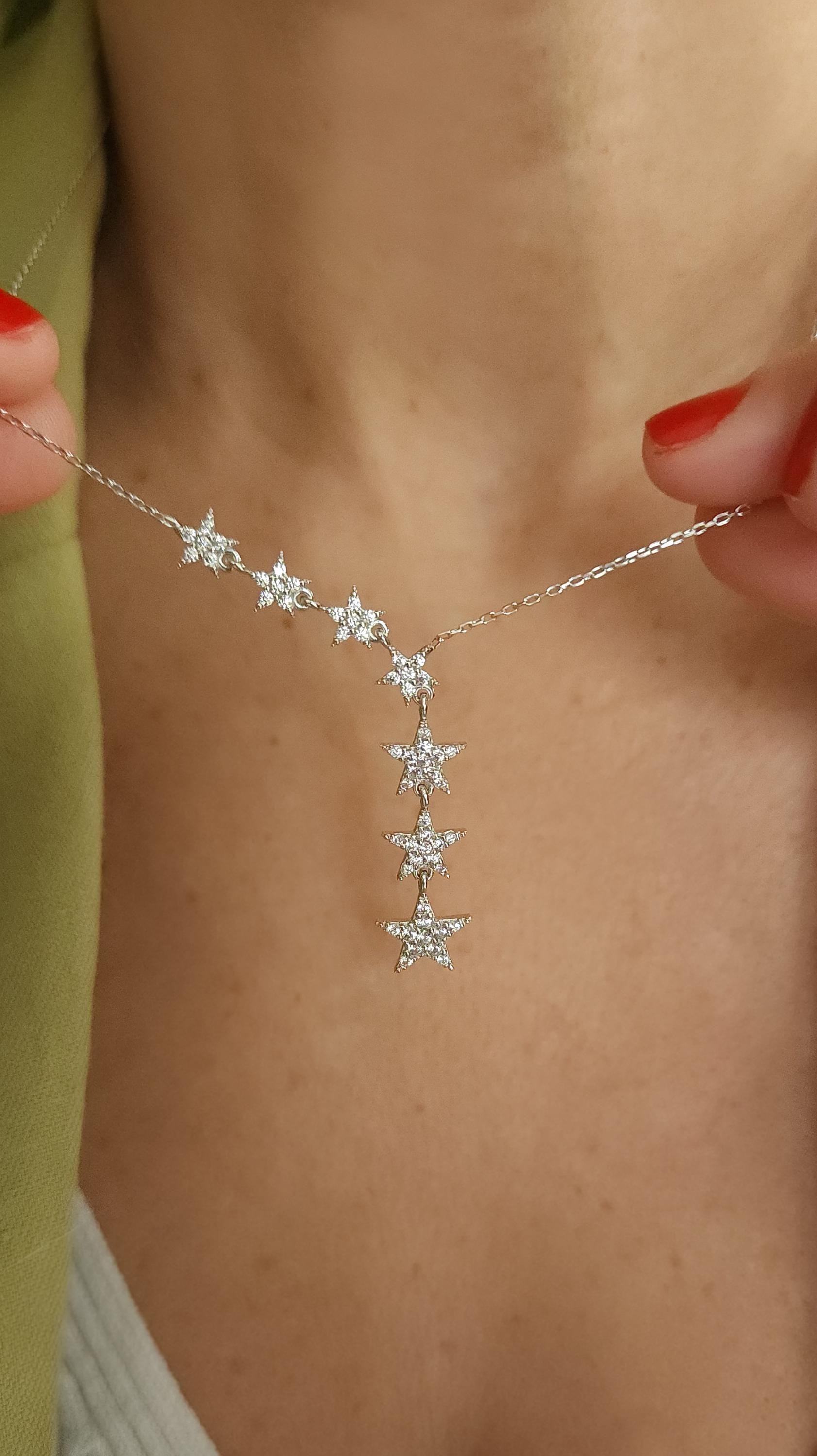 Sterling Silver Star Necklace: Dainty Celestial Pendant with Zircon…