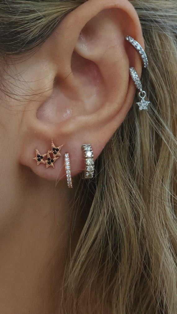 Rose Gold Sterling Silver Star Earrings: Black Zircon Celestial Studs