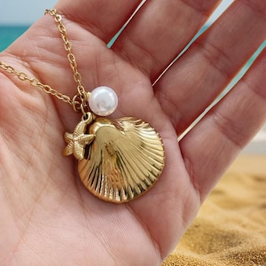 Gold Seashell Pendant Necklace with Pearl & Starfish Charm, Stainless Steel Dainty Beach Jewelry, Summer Gift for Her, Ocean Necklace