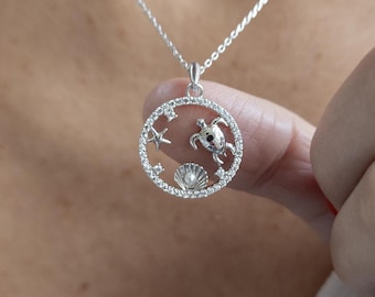 Sterling Silver Ocean Pendant Necklace: Turtle Starfish Sea Charms, Dainty