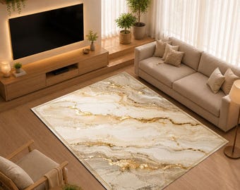 Luxury Marble Area Rug, Gold Vein Stone Pattern Carpet, Hotel Lobby Decor Rug, Modern Elegant Neutral Floor Cover