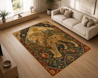 Pomegranate Lion Rug, Majestic Lion Area Rug, Floral Wildlife Carpet, Luxury Maximalist Decor for Living Room