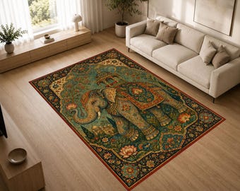 Lotus Elephant Rug, Ornate Elephant Area Rug, Floral Wildlife Carpet, Luxury Exotic Decor for Living Room