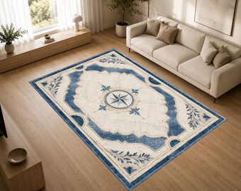 Royal Blue Compass Rug, Luxury Nautical Inspired Carpet, Elegant Marble Area Rug, Hotel Style Floor Decor